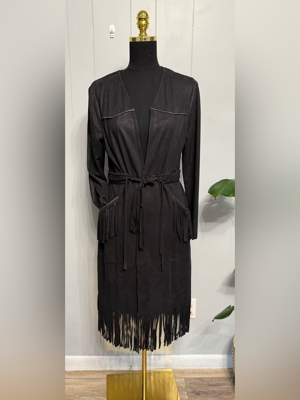 #2)  Voice of California Black Fox suede  Fringe Tie-Waist Open Trench Coat